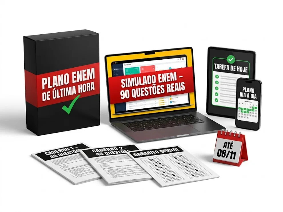 Plano Básico: caixa, notebook com o simulado de 90 questões reais, app com o plano dia a dia, cadernos de prova e gabarito oficial